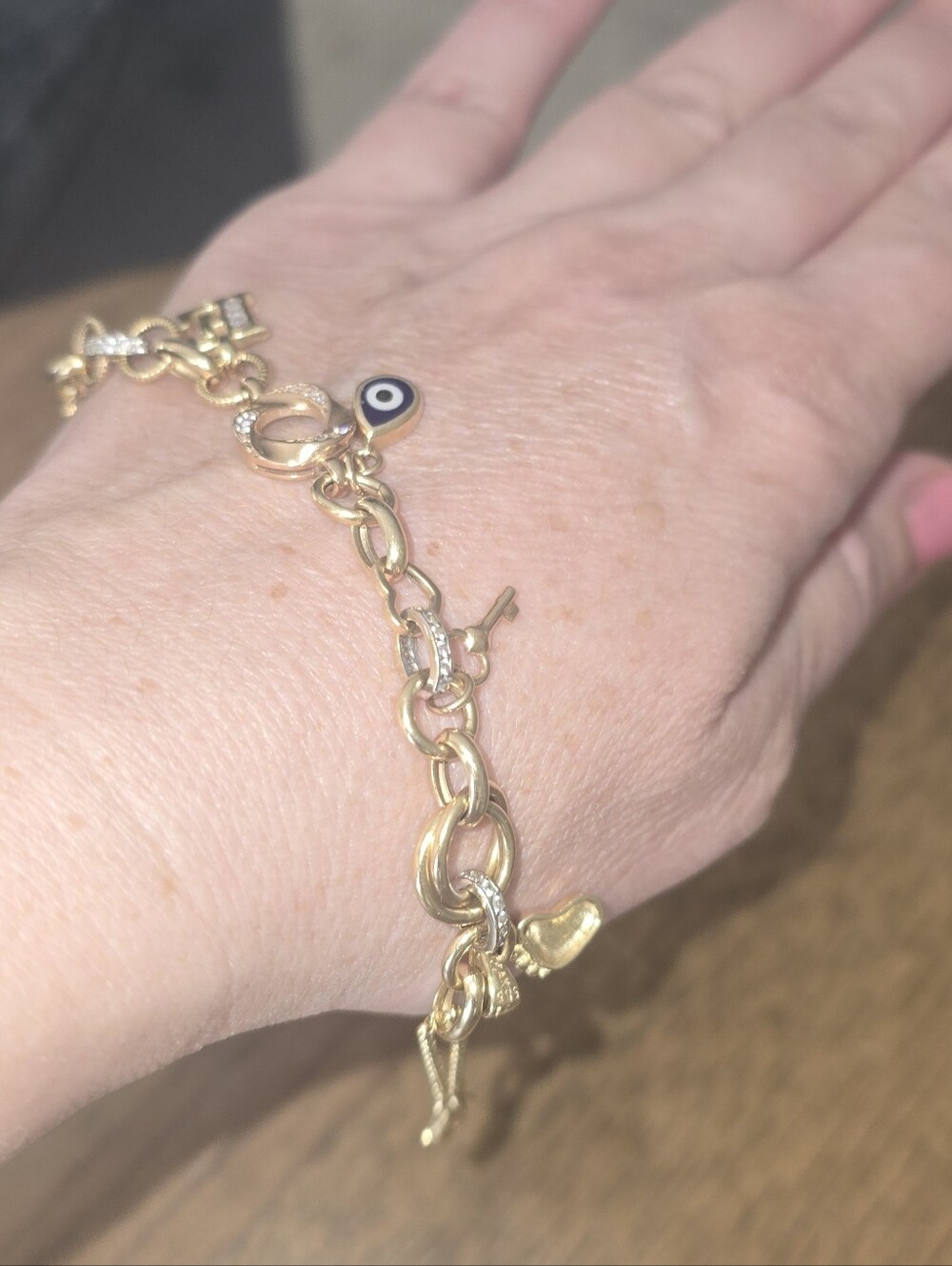 14 K Gold Charm Chain Bracelet with Evil Eye Accent - Women Jewelry